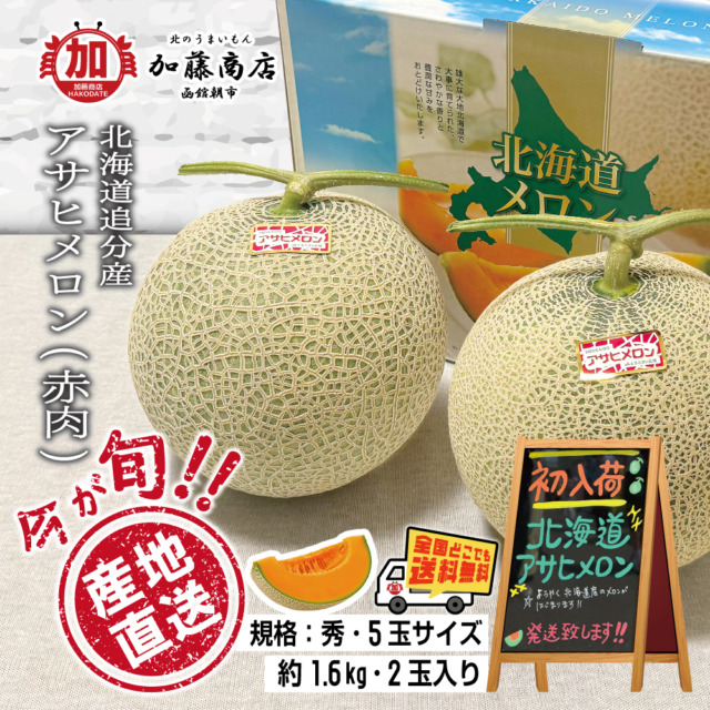 今が旬！ 産地直送！ 北海道追分産 アサヒメロン 秀 5玉サイズ(約1.6kg) 2玉入【全国送料無料】瑞々しい ジューシーな果肉 赤肉 糖度14度以上 ギフト 贈答 ご褒美に